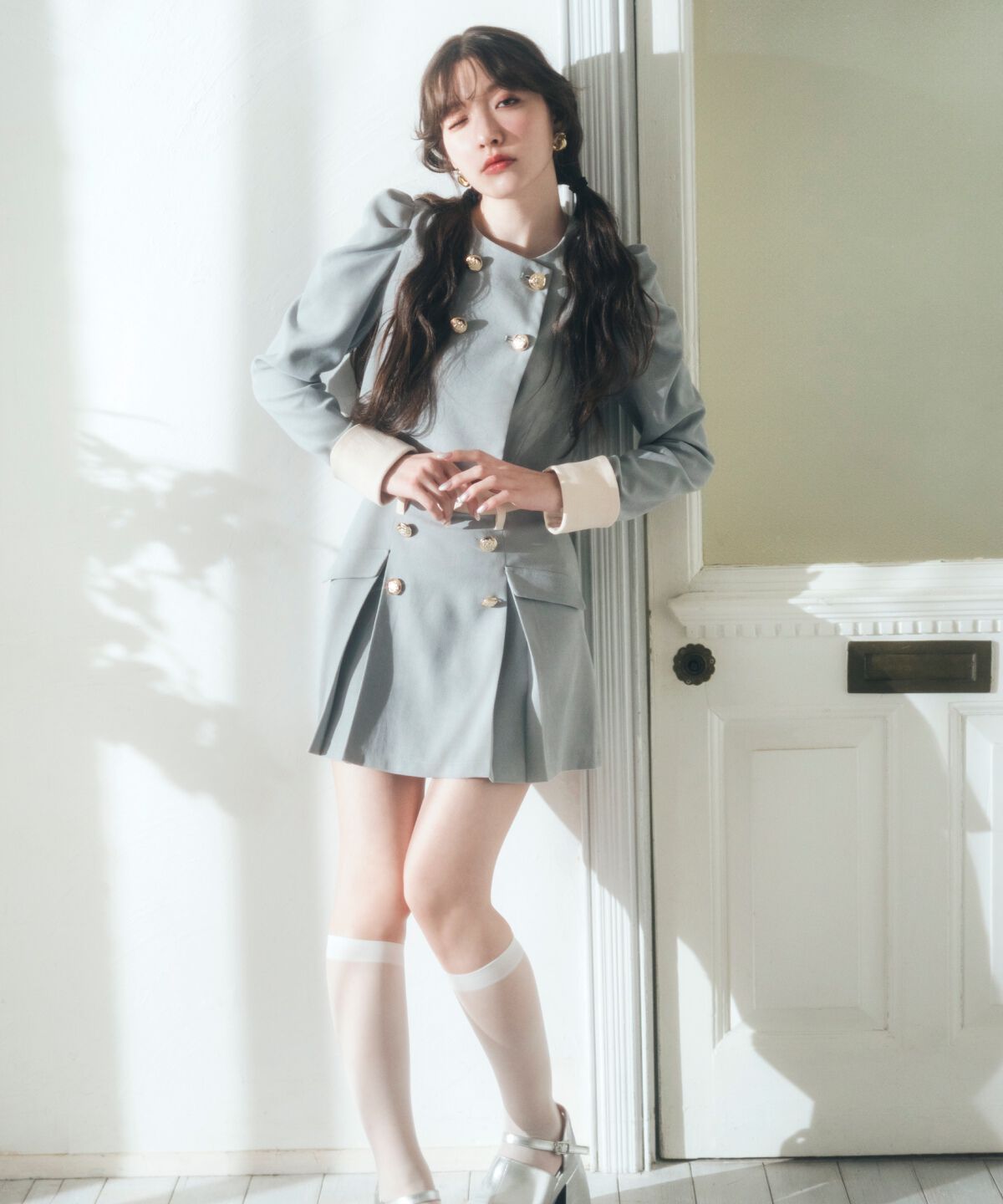 REDYAZEL「ダブルボタンバイカラージャケット」|ノーカラージャケット|