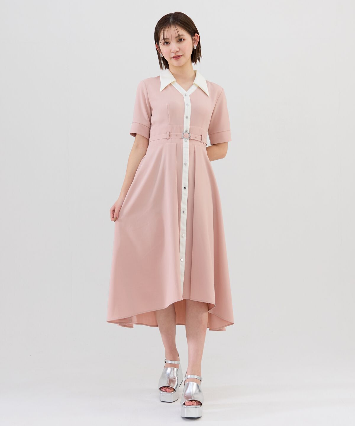 REDYAZEL「バイカラースキッパー半袖シャツワンピース」|ワンピース|ピンク