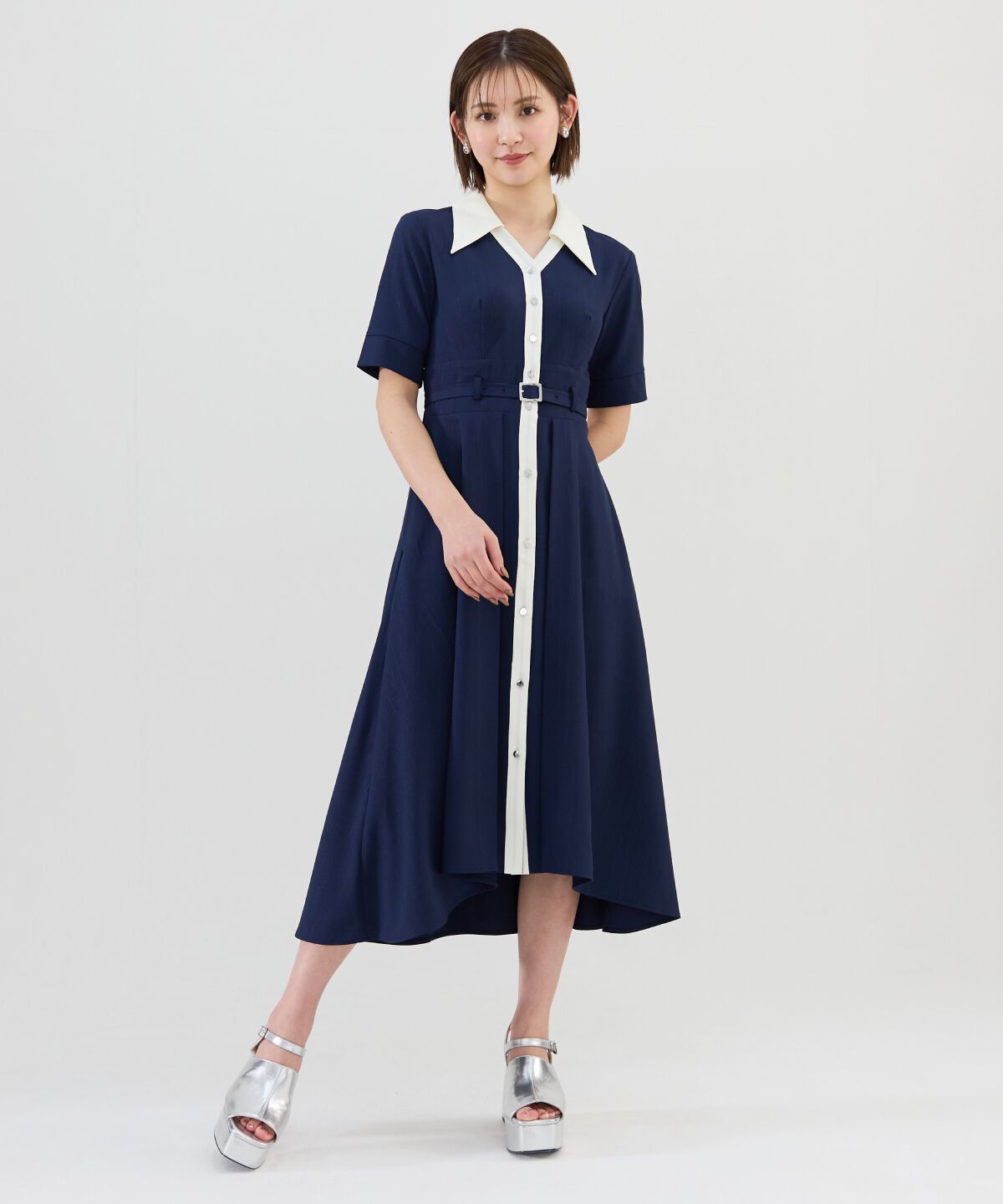 REDYAZEL「バイカラースキッパー半袖シャツワンピース」|ワンピース|ネイビー
