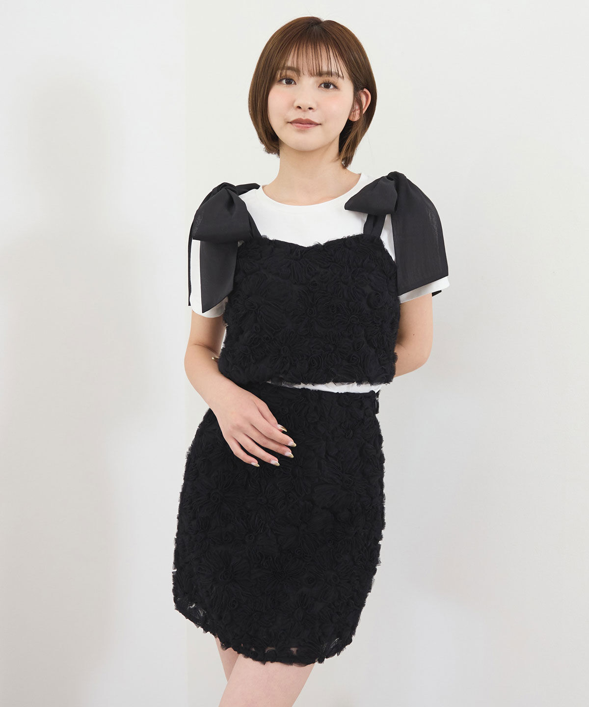 REDYAZEL「3Dフラワーレースショルダーリボンビスチェ」|キャミソール|ブラック