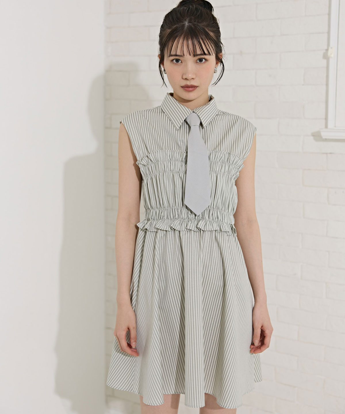 REDYAZEL「ヘムフリルレイヤードストライプシャツワンピース」|ワンピース|ライトグレー