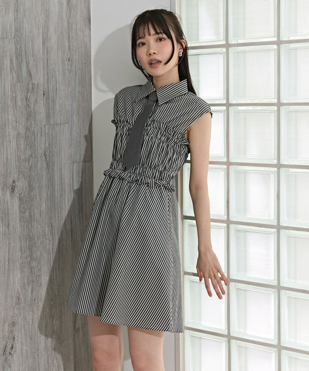 REDYAZEL「ヘムフリルレイヤードストライプシャツワンピース」|ワンピース|ブラック