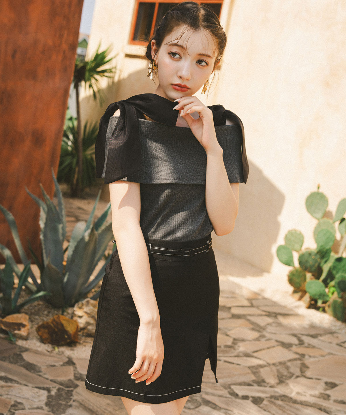 REDYAZEL「コントラストステッチミニスカート」|台形|