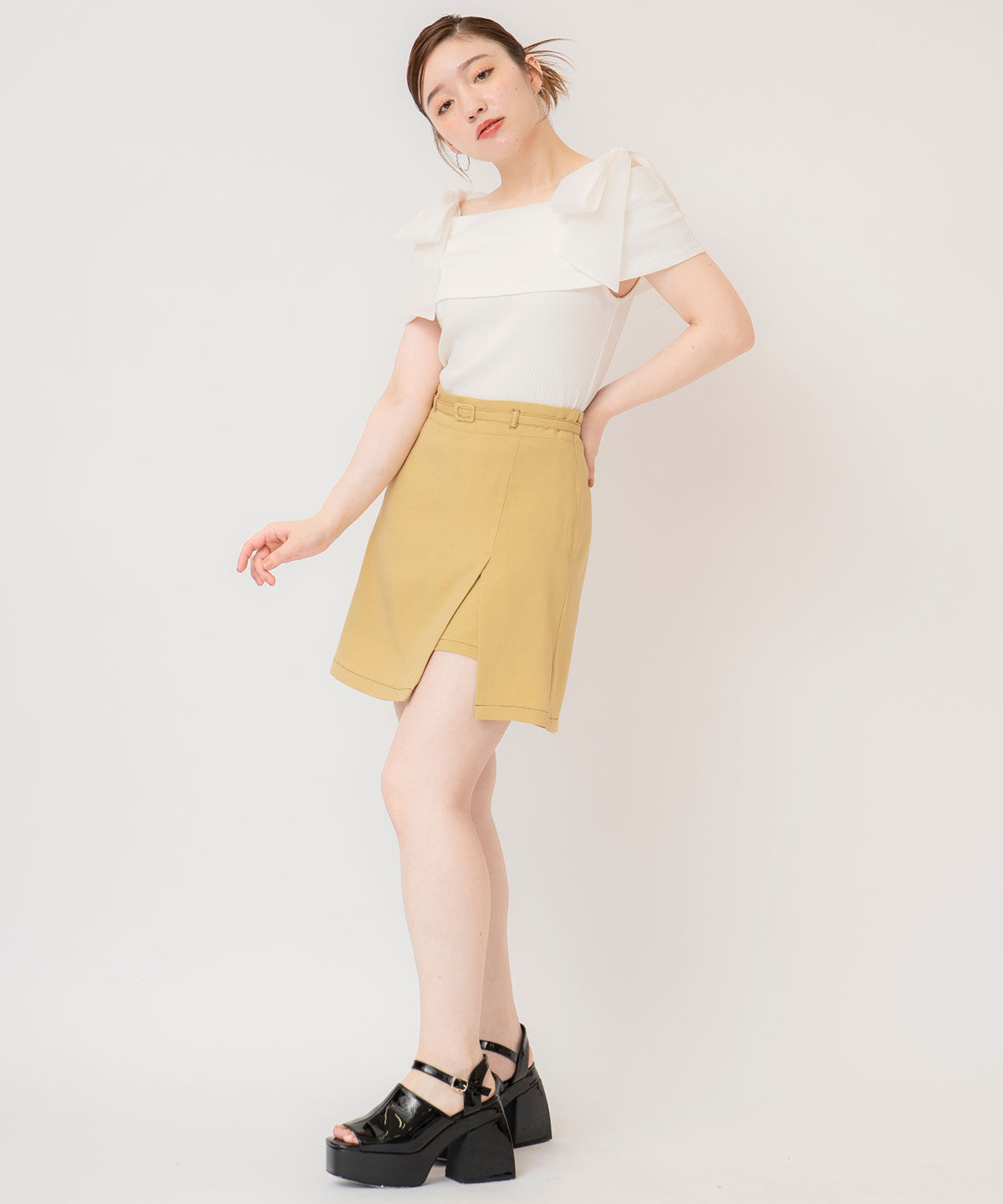 REDYAZEL「リボンショルダーリブニットトップス」|ニット・セーター|