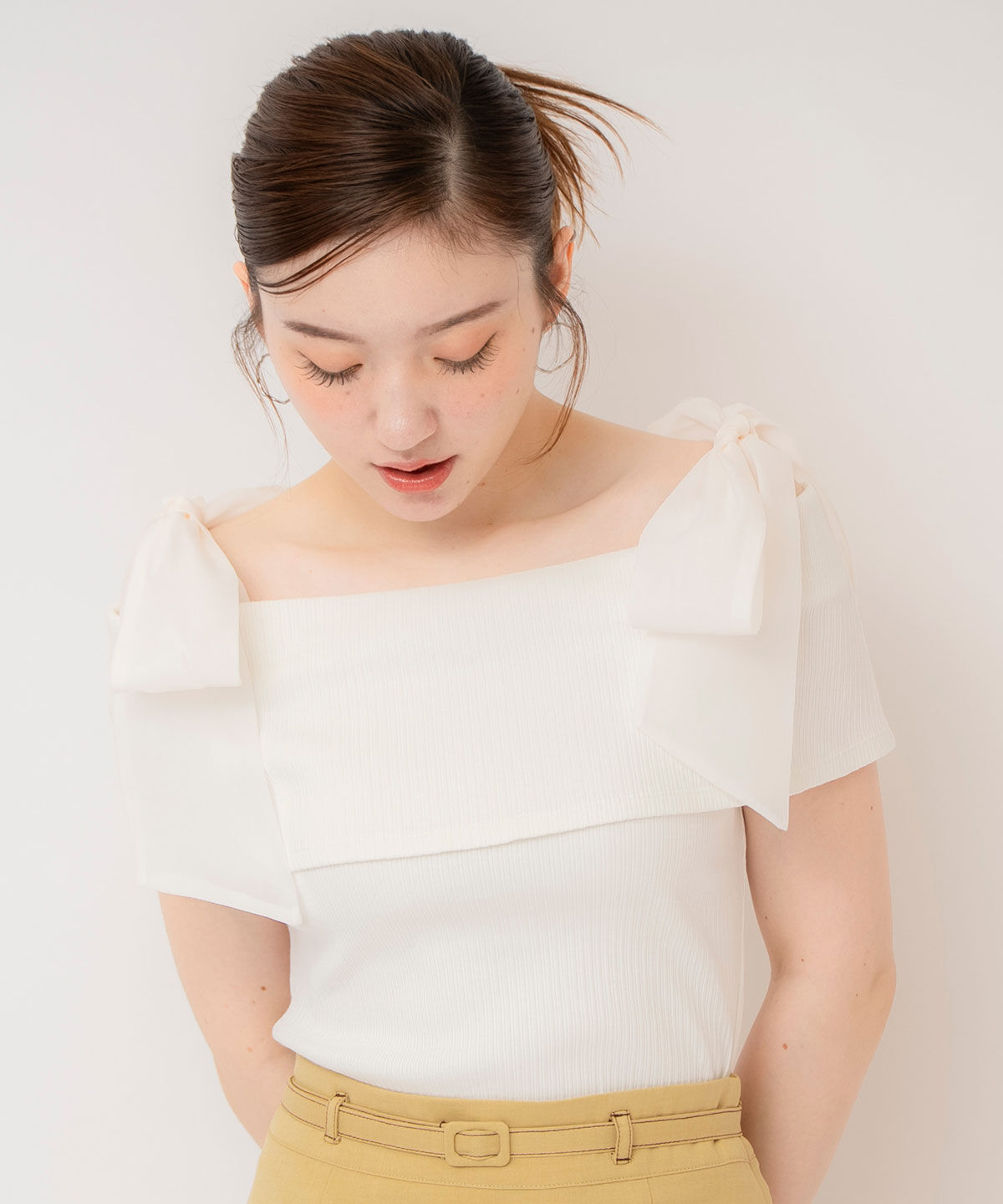 REDYAZEL「リボンショルダーリブニットトップス」|ニット・セーター|