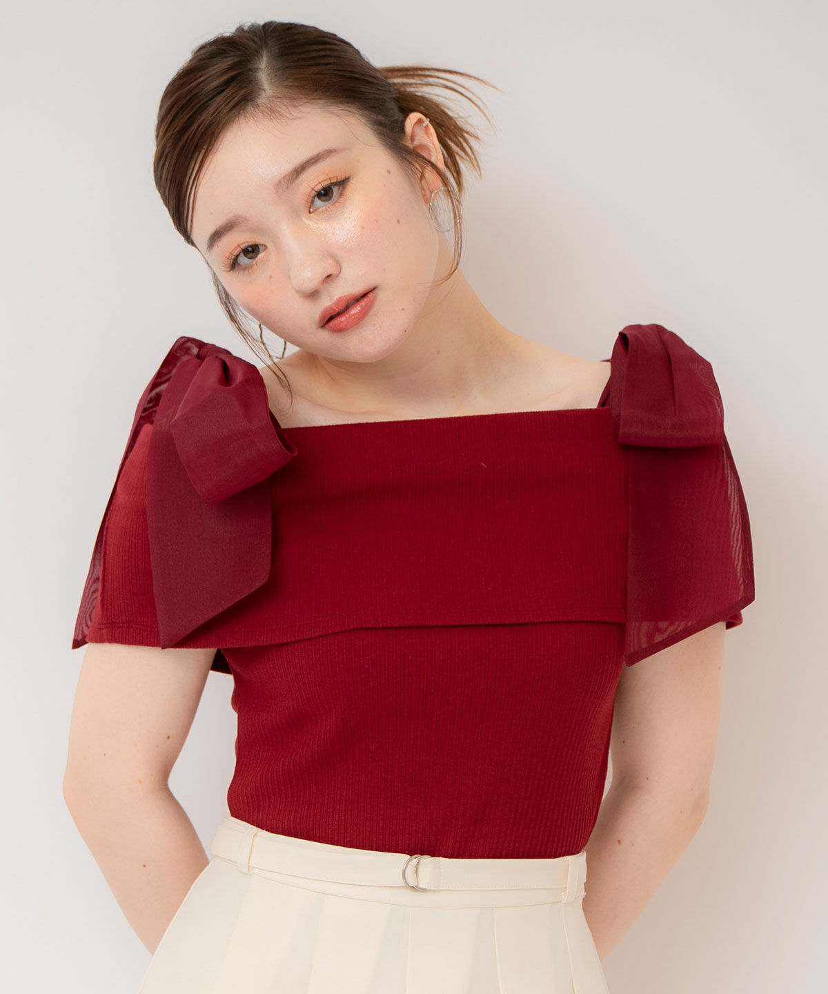 REDYAZEL「リボンショルダーリブニットトップス」|ニット・セーター|レッド