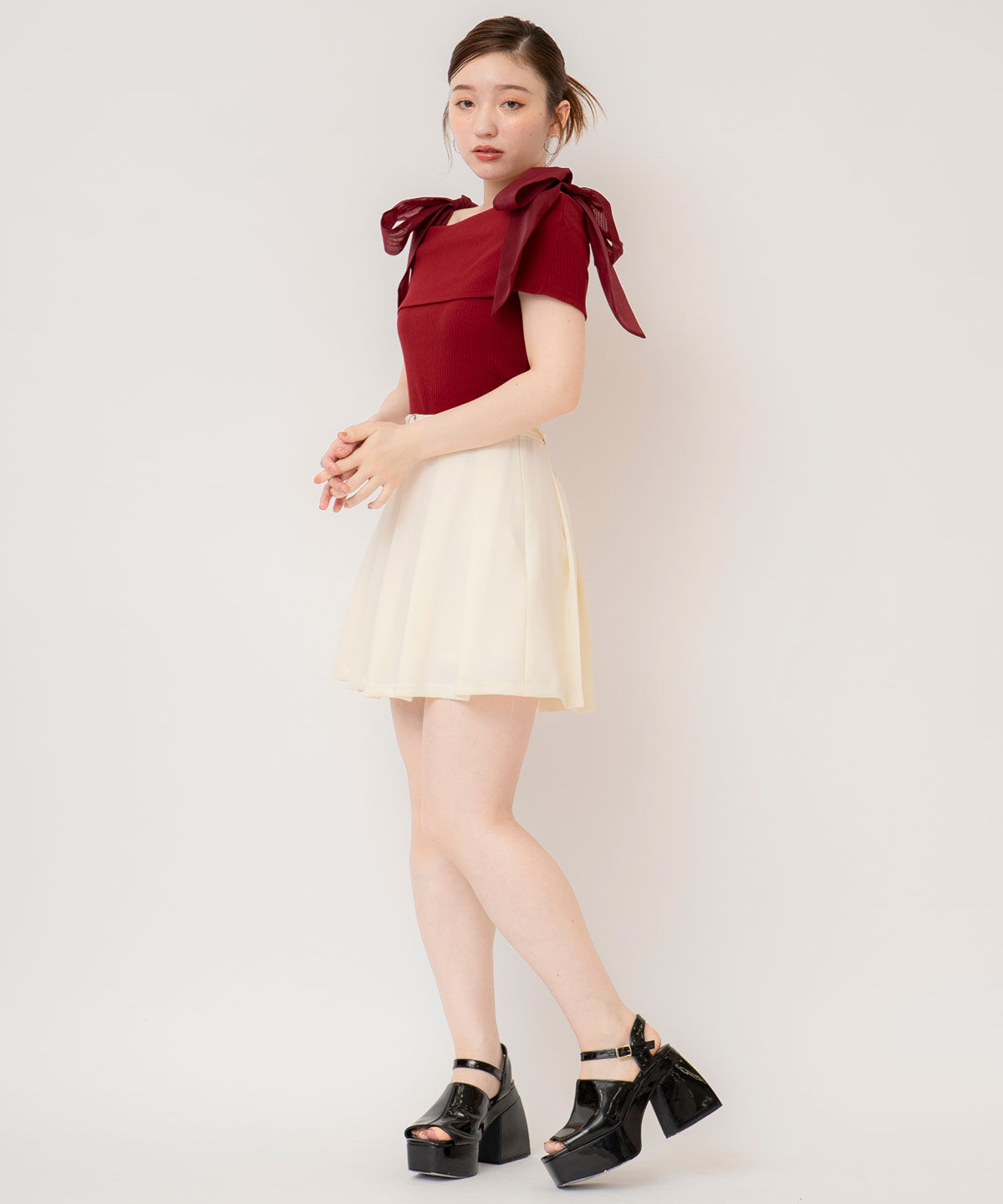 REDYAZEL「リボンショルダーリブニットトップス」|ニット・セーター|