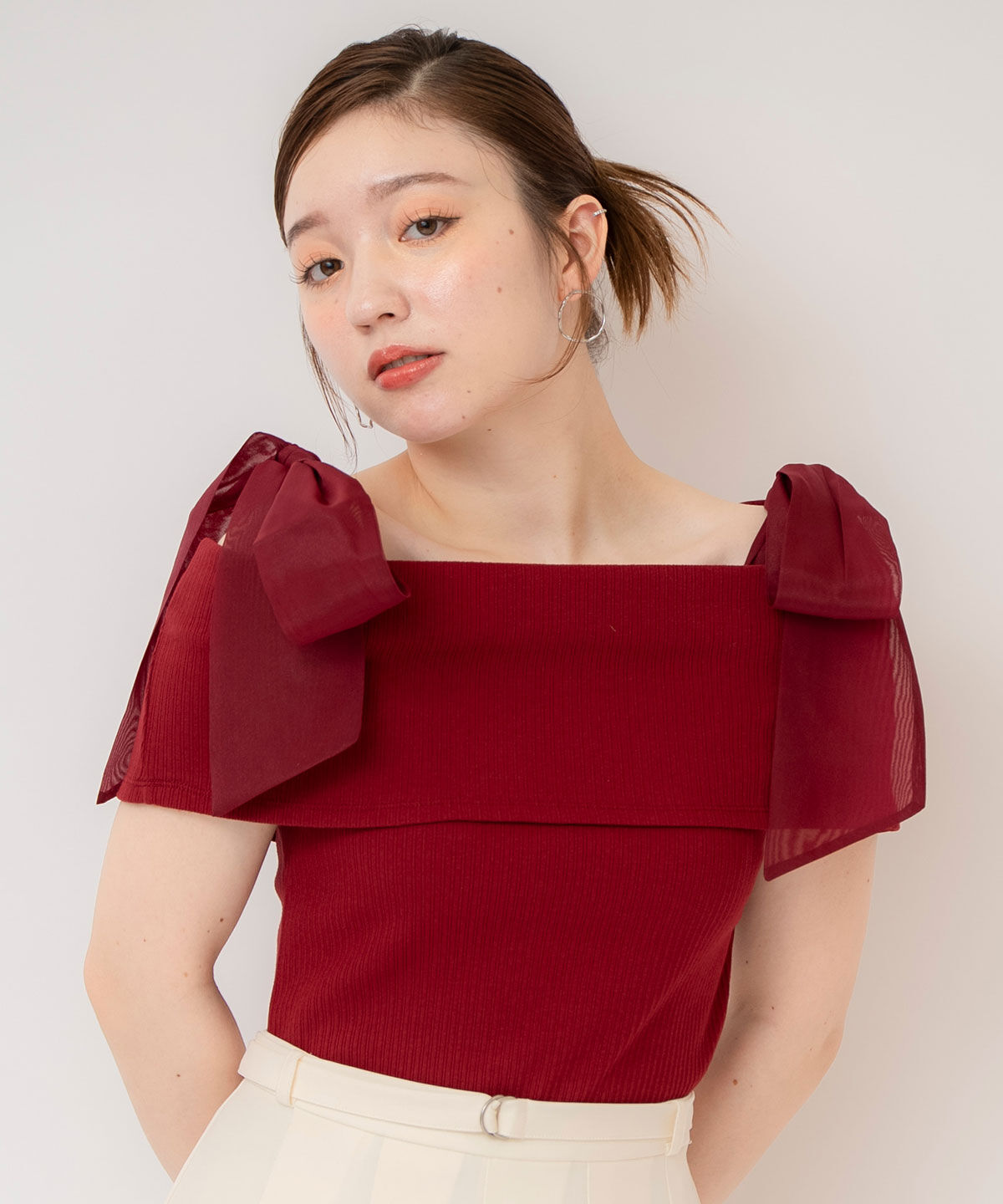 REDYAZEL「リボンショルダーリブニットトップス」|ニット・セーター|