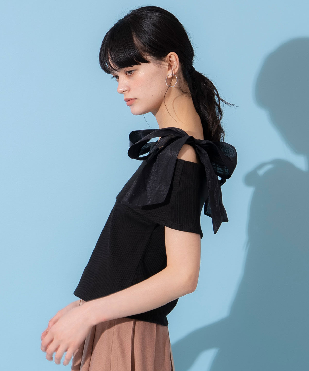 REDYAZEL「リボンショルダーリブニットトップス」|ニット・セーター|