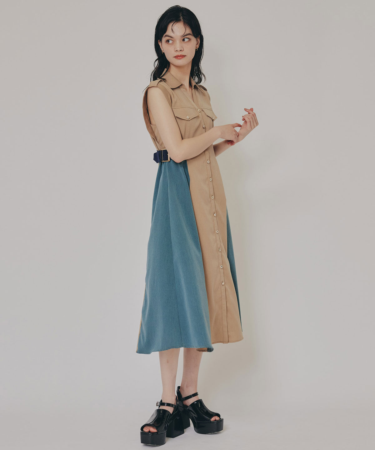 REDYAZEL「カラーブロックベルトシャツワンピース」|ワンピース|