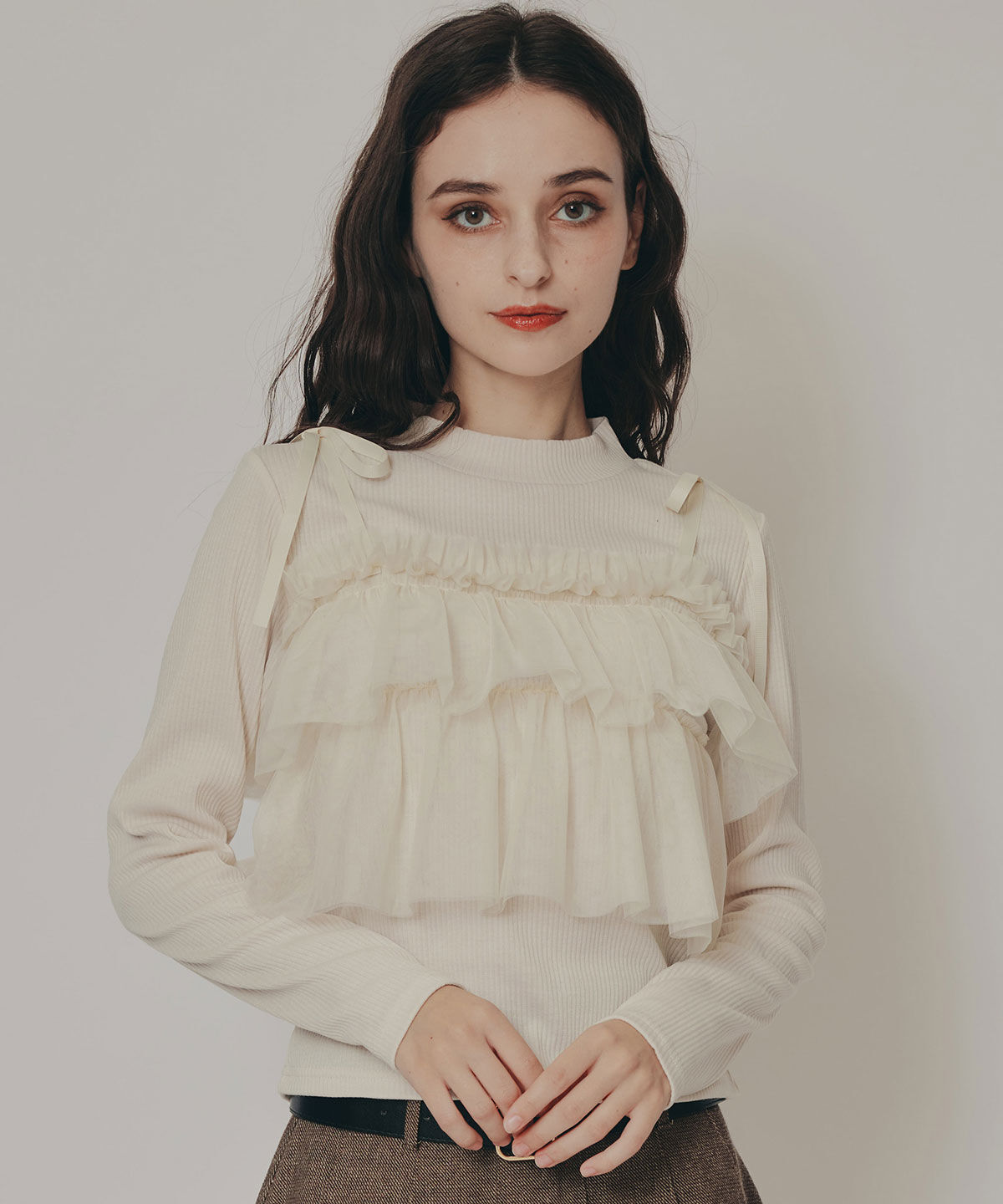 REDYAZEL「リボンチュールフリルビスチェニットトップス」|ニット・セーター|オフ