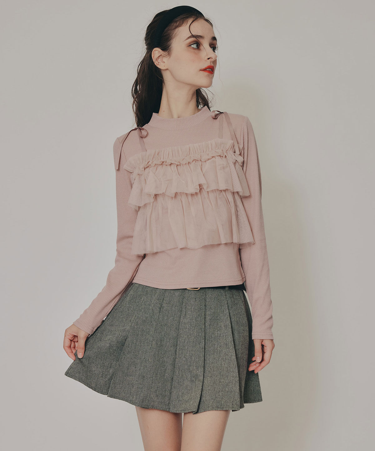 REDYAZEL「リボンチュールフリルビスチェニットトップス」|ニット・セーター|