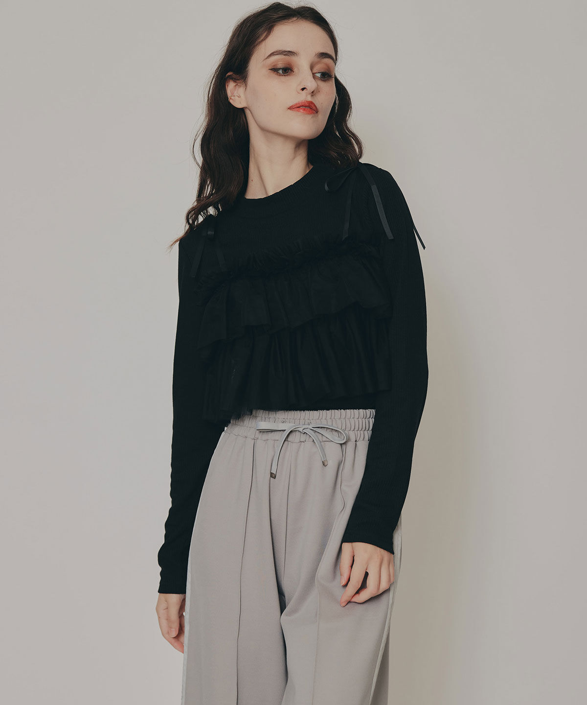 REDYAZEL「リボンチュールフリルビスチェニットトップス」|ニット・セーター|