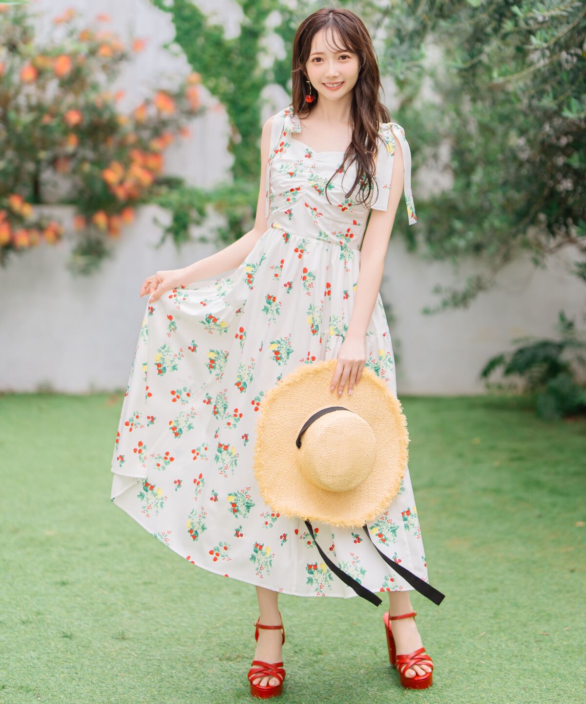 WILLSELECTION「リボンショルダーフルーツプリントワンピース」|ワンピース|オフ
