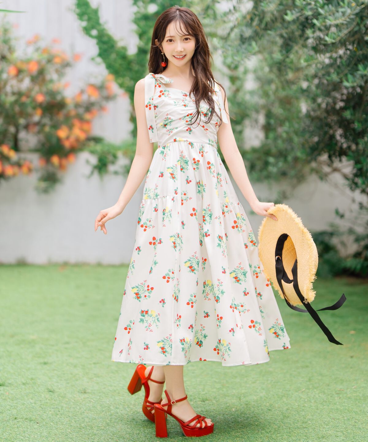 WILLSELECTION「リボンショルダーフルーツプリントワンピース」|ワンピース|