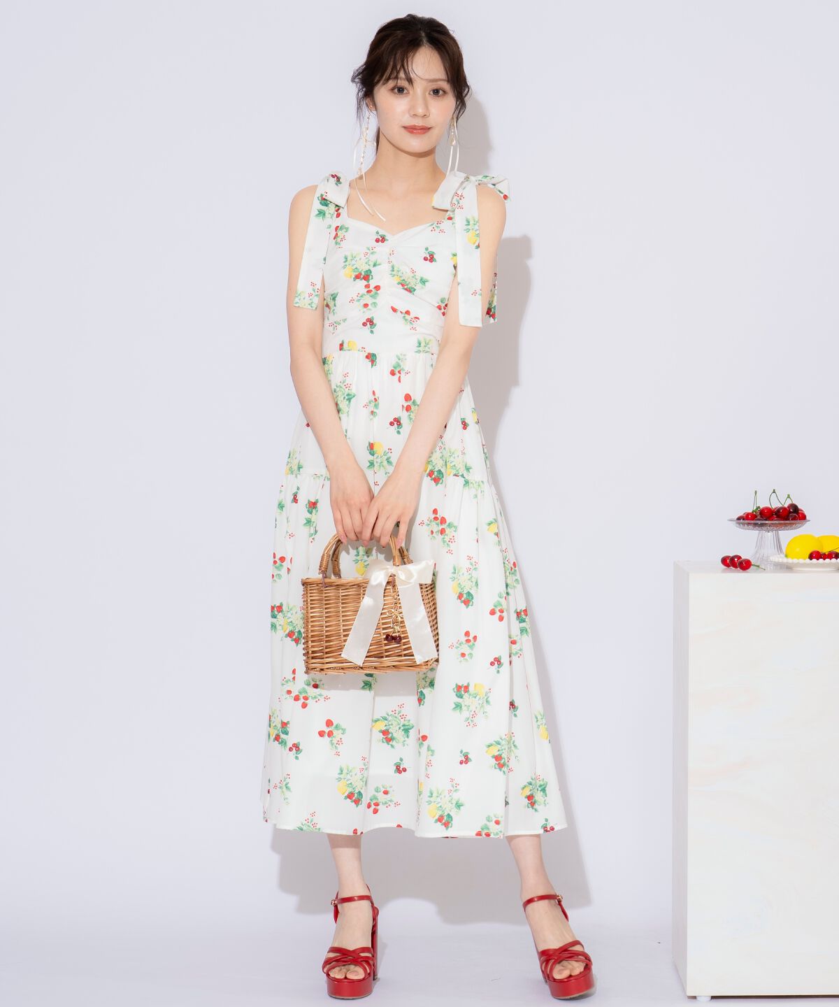 WILLSELECTION「リボンショルダーフルーツプリントワンピース」|ワンピース|