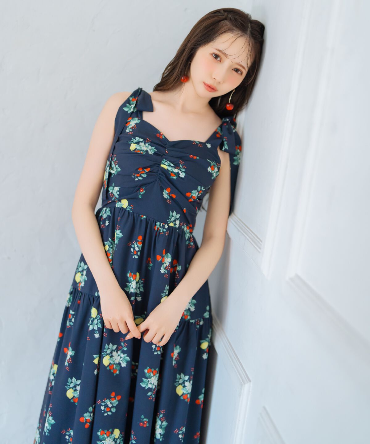 WILLSELECTION「リボンショルダーフルーツプリントワンピース」|ワンピース|ネイビー