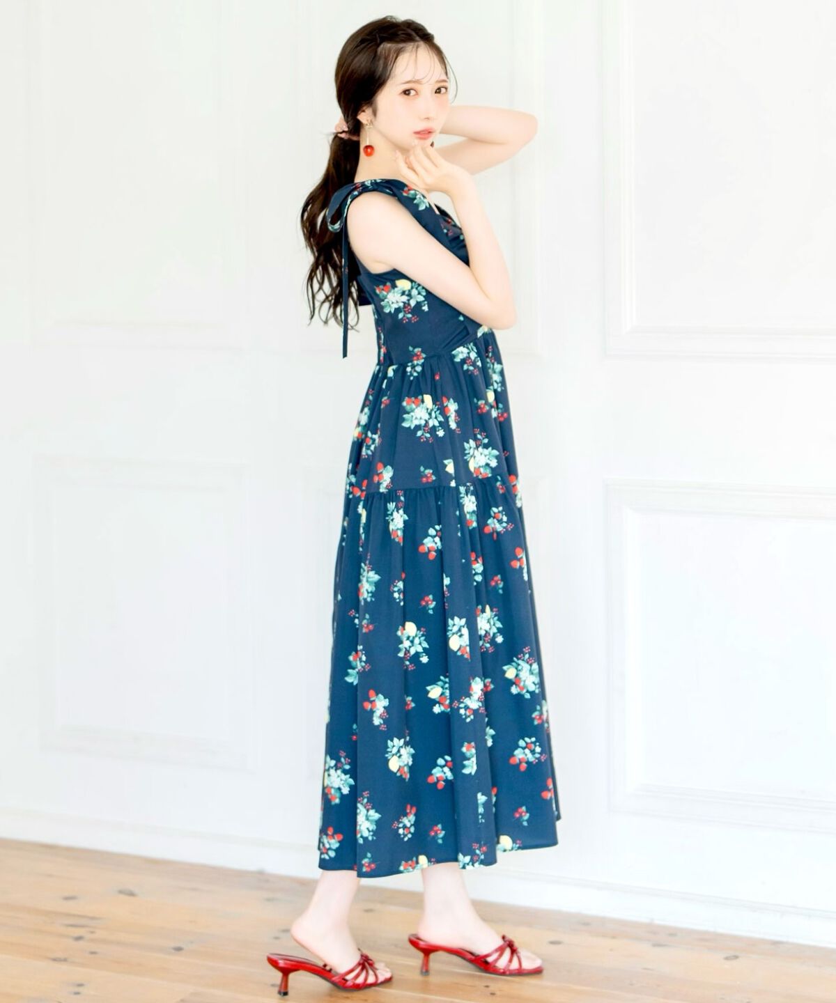 WILLSELECTION「リボンショルダーフルーツプリントワンピース」|ワンピース|