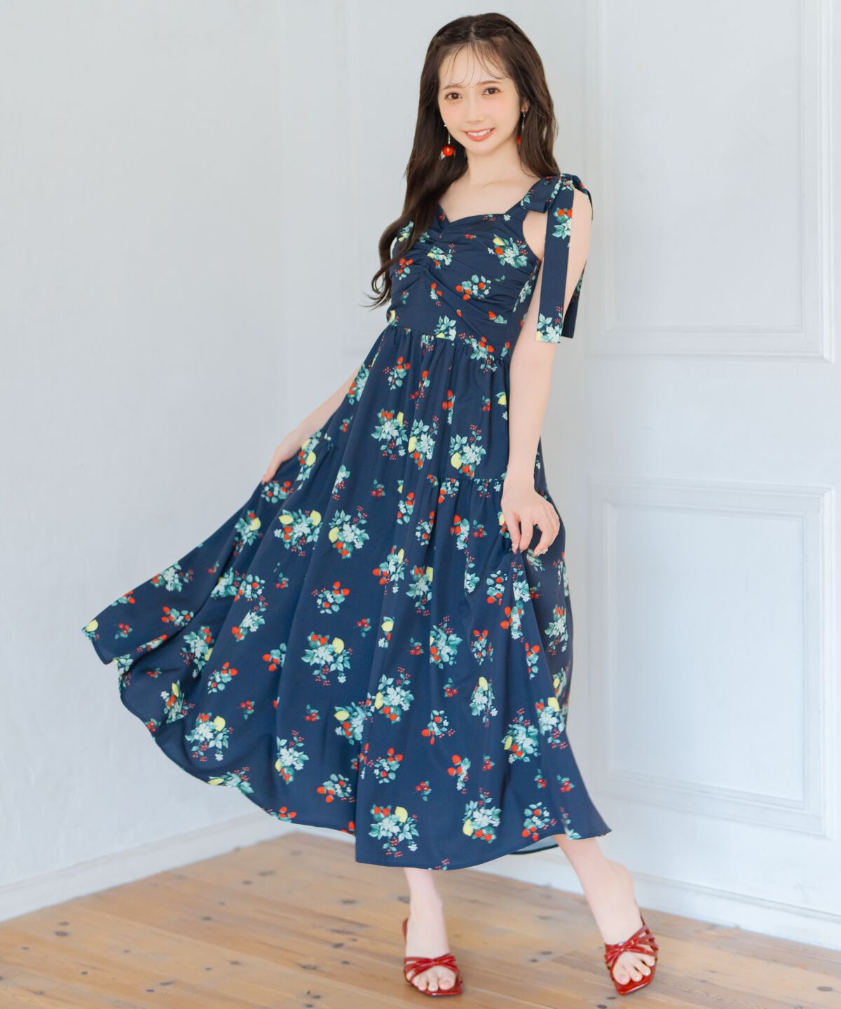 WILLSELECTION「リボンショルダーフルーツプリントワンピース」|ワンピース|