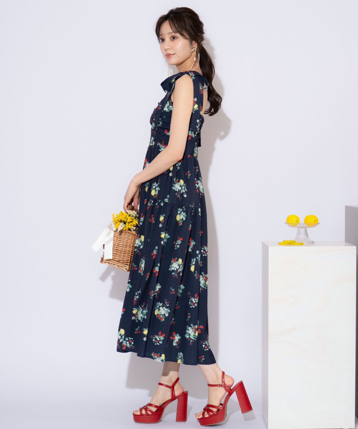 WILLSELECTION「リボンショルダーフルーツプリントワンピース」|ワンピース|