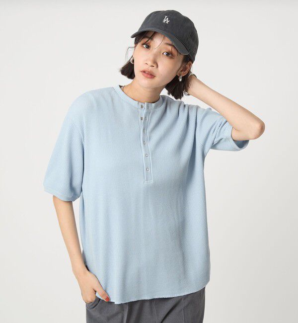 UNITED ARROWS green label relaxing「【WEB限定】＜at ease＞ワッフル ヘンリーネック 5分袖 プルオーバー カットソー」|Tシャツ・カットソー|LT.BLUE