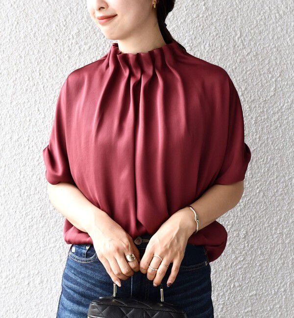 SHIPS for women「〈手洗い可能〉ネック ギャザー ソリッド ブラウス 」|シャツ・ブラウス|ワイン