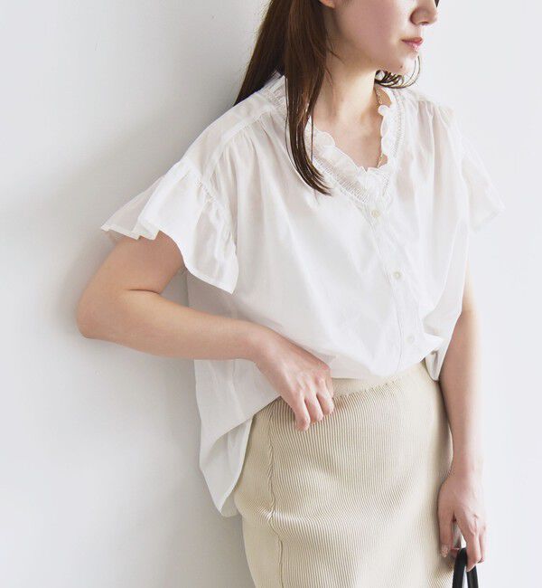 quaranciel「quaranciel:〈手洗い可能〉コットン フリルネック フレアスリーブ ブラウス」|シャツ・ブラウス|