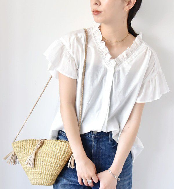 quaranciel「quaranciel:〈手洗い可能〉コットン フリルネック フレアスリーブ ブラウス」|シャツ・ブラウス|