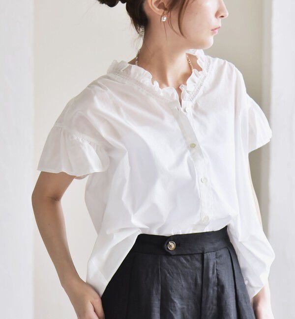 quaranciel「quaranciel:〈手洗い可能〉コットン フリルネック フレアスリーブ ブラウス」|シャツ・ブラウス|