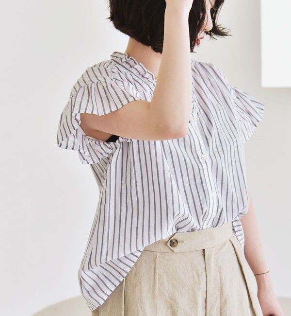 quaranciel「quaranciel:〈手洗い可能〉コットン フリルネック フレアスリーブ ブラウス」|シャツ・ブラウス|