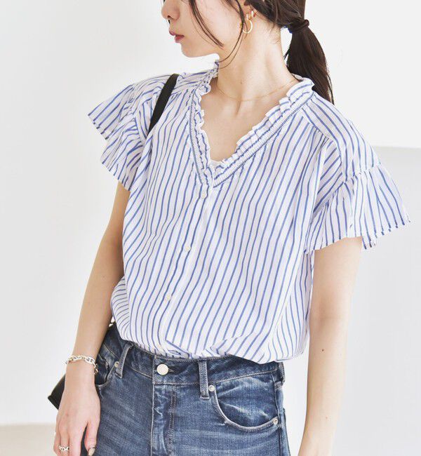 quaranciel「quaranciel:〈手洗い可能〉コットン フリルネック フレアスリーブ ブラウス」|シャツ・ブラウス|