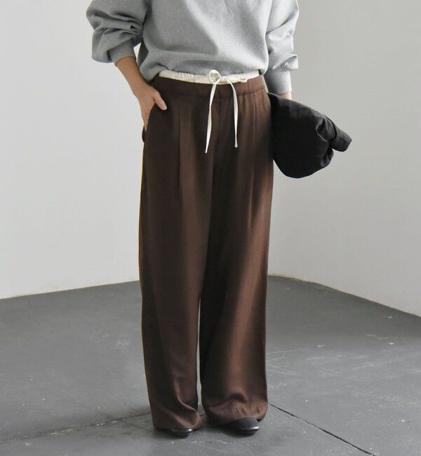 quaranciel「quaranciel:〈洗濯機可能〉シルキー サテン ダブルウエスト ワイド パンツ」|その他|ブラウン