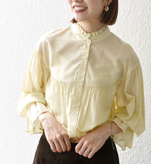SHIPS any「SHIPS any:〈手洗い可能〉ヴィンテージサテン フリル ギャザー シャツ ブラウス」|シャツ・ブラウス|クリーム