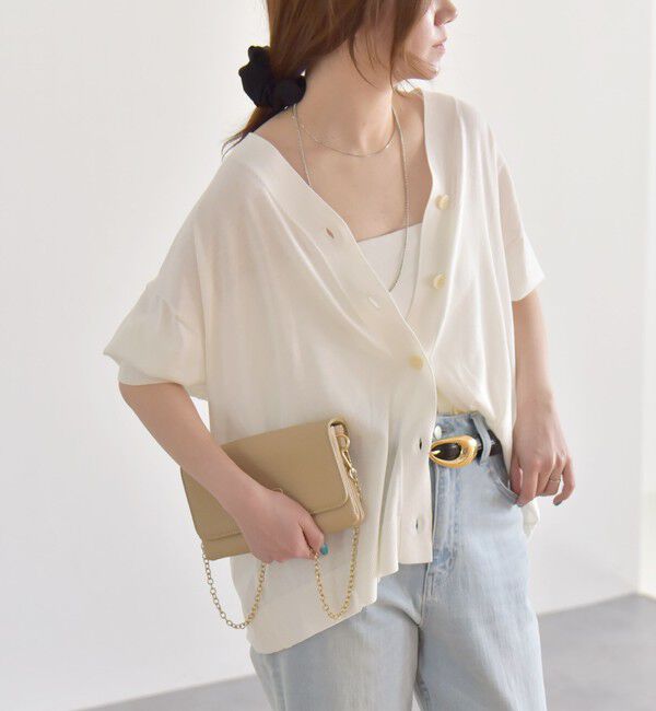 quaranciel「quaranciel:〈接触冷感〉 ワイド Vネック ハーフスリーブ シアー カーディガン」|カーディガン|
