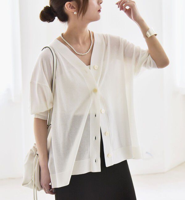 quaranciel「quaranciel:〈接触冷感〉 ワイド Vネック ハーフスリーブ シアー カーディガン」|カーディガン|
