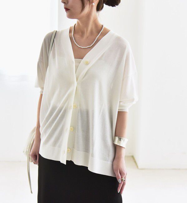 quaranciel「quaranciel:〈接触冷感〉 ワイド Vネック ハーフスリーブ シアー カーディガン」|カーディガン|