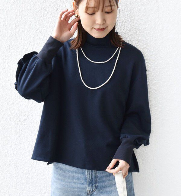 SHIPS for women「《予約》【WEB限定】〈手洗い可能〉モックネック 袖 フリル デザイン ミニ 裏毛 プルオーバー」|Tシャツ・カットソー|ネイビー