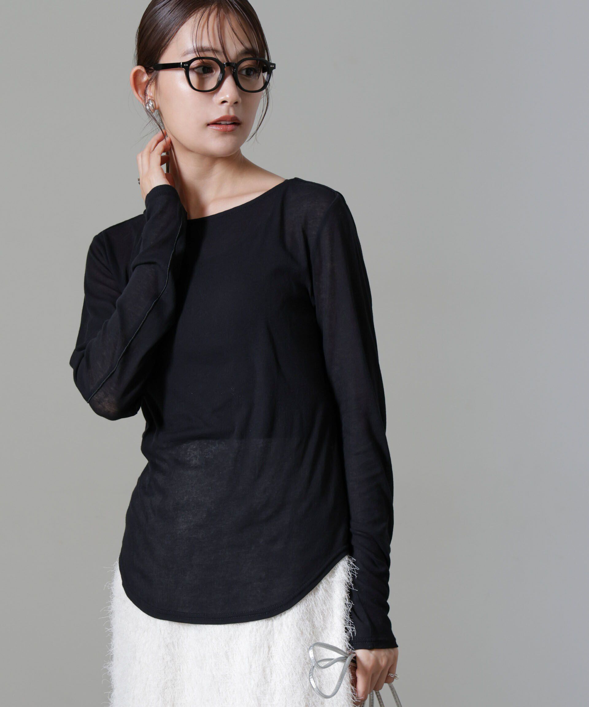 nano･universe「シアーガーゼボートネックトップス」|Tシャツ・カットソー|ブラック