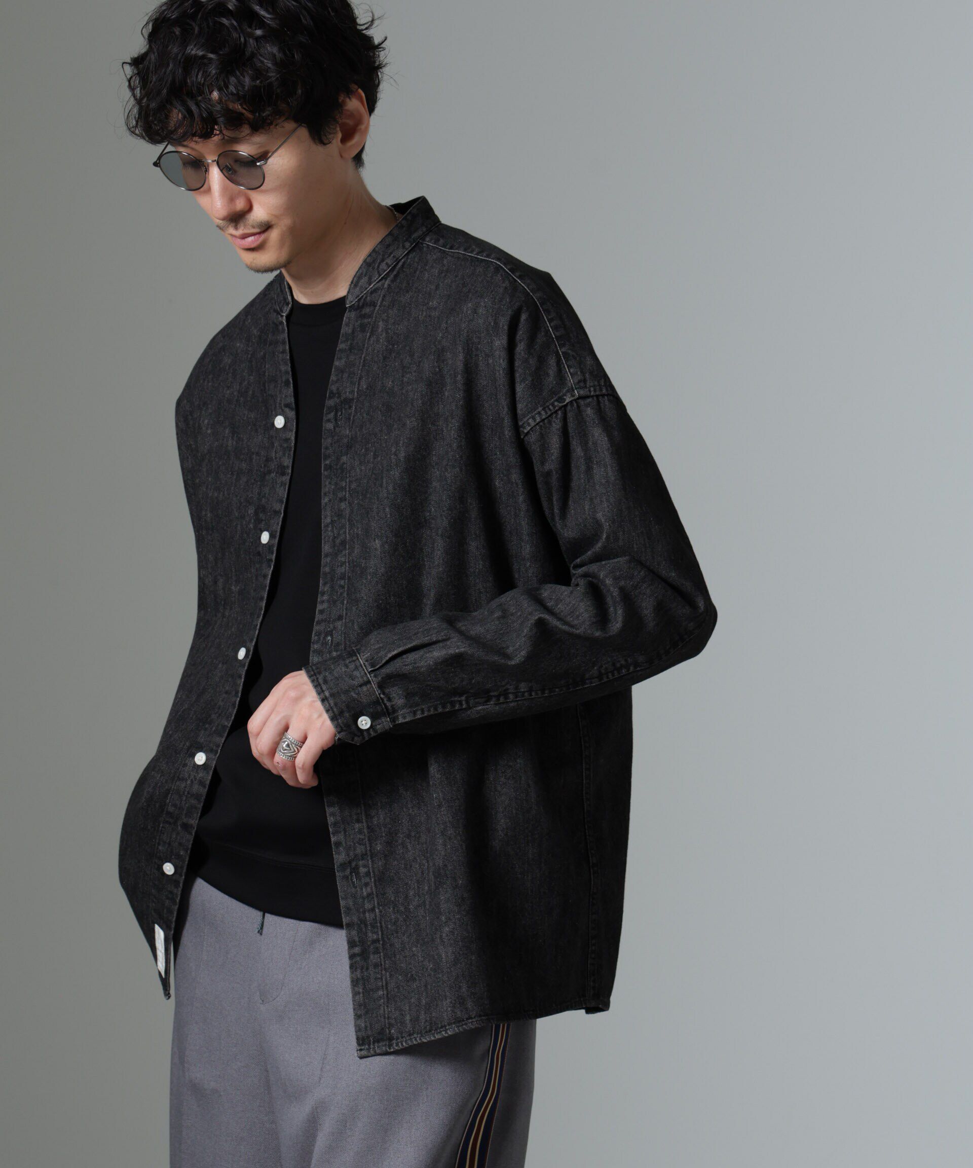 nano･universe「「大人のワイドシャツ」バンドカラーデニム 長袖」|シャツ・ブラウス|