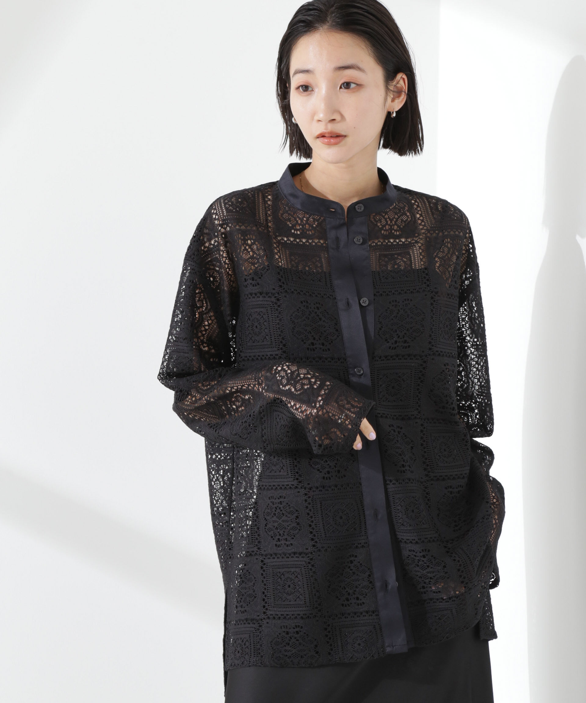 nano･universe「バンドカラーレースシャツ (セットアップ可)」|シャツ・ブラウス|