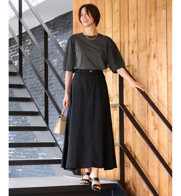 自由区「【洗える・XSサイズあり】シアーコンビパフスリーブ カットソー」|Tシャツ・カットソー|