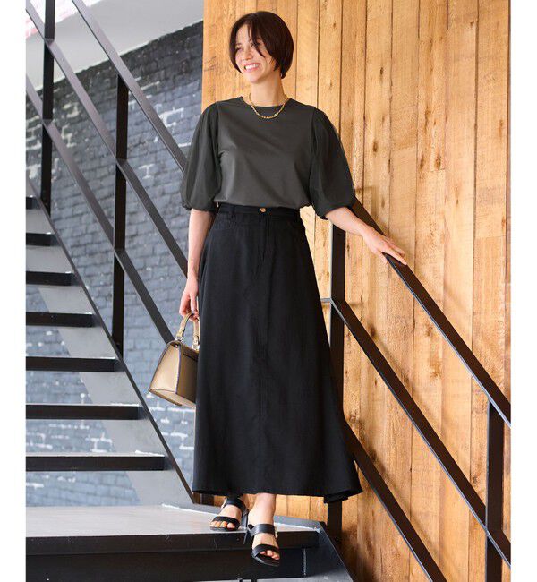 自由区「【洗える・XSサイズあり】シアーコンビパフスリーブ カットソー」|Tシャツ・カットソー|