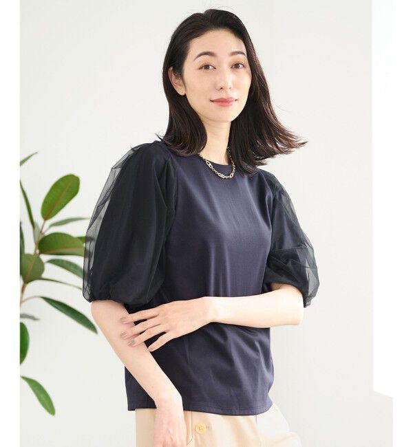 自由区「【洗える・XSサイズあり】シアーコンビパフスリーブ カットソー」|Tシャツ・カットソー|ネイビー系