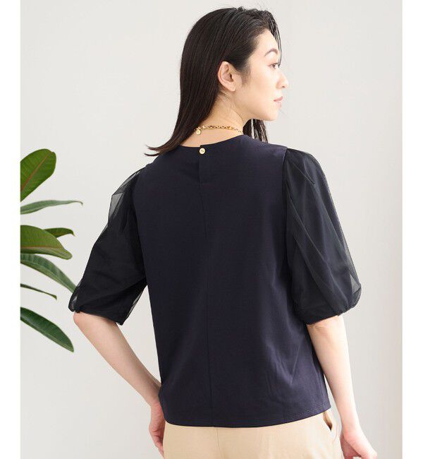 自由区「【洗える・XSサイズあり】シアーコンビパフスリーブ カットソー」|Tシャツ・カットソー|