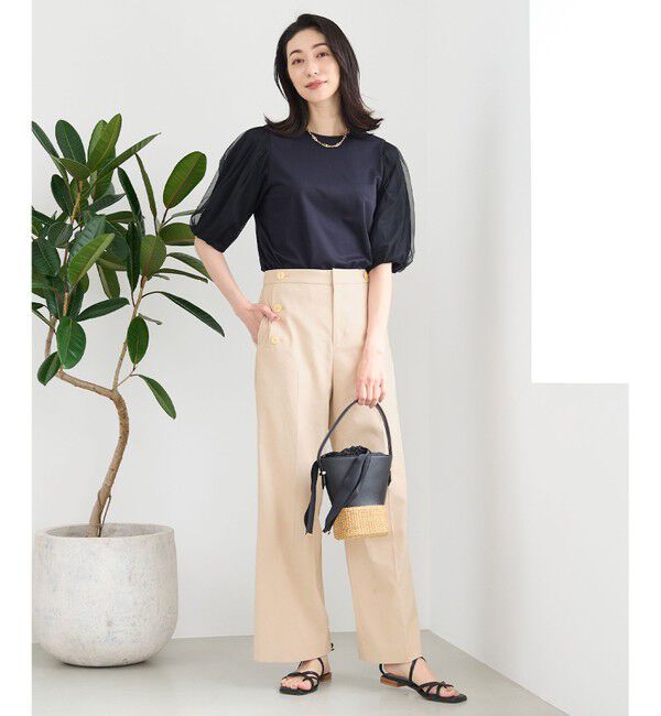 自由区「【洗える・XSサイズあり】シアーコンビパフスリーブ カットソー」|Tシャツ・カットソー|