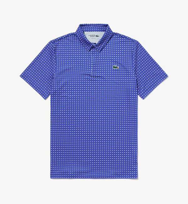 LACOSTE「UVカット ミニマム総柄プリント 比翼仕立て ウルトラドライ ゴルフポロシャツ」|ポロシャツ|ブルー