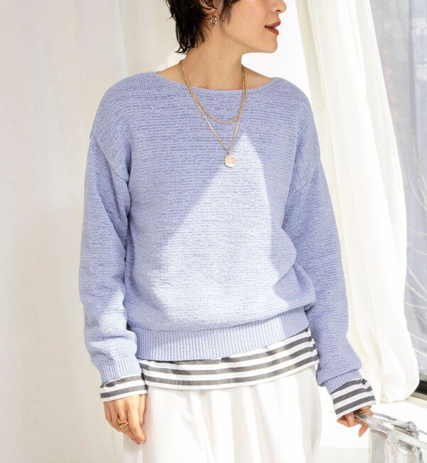 Rie Miller「《手洗い可能》テープヤーンボートネックプルオーバーニット」|ニット・セーター|グレイッシュブルー