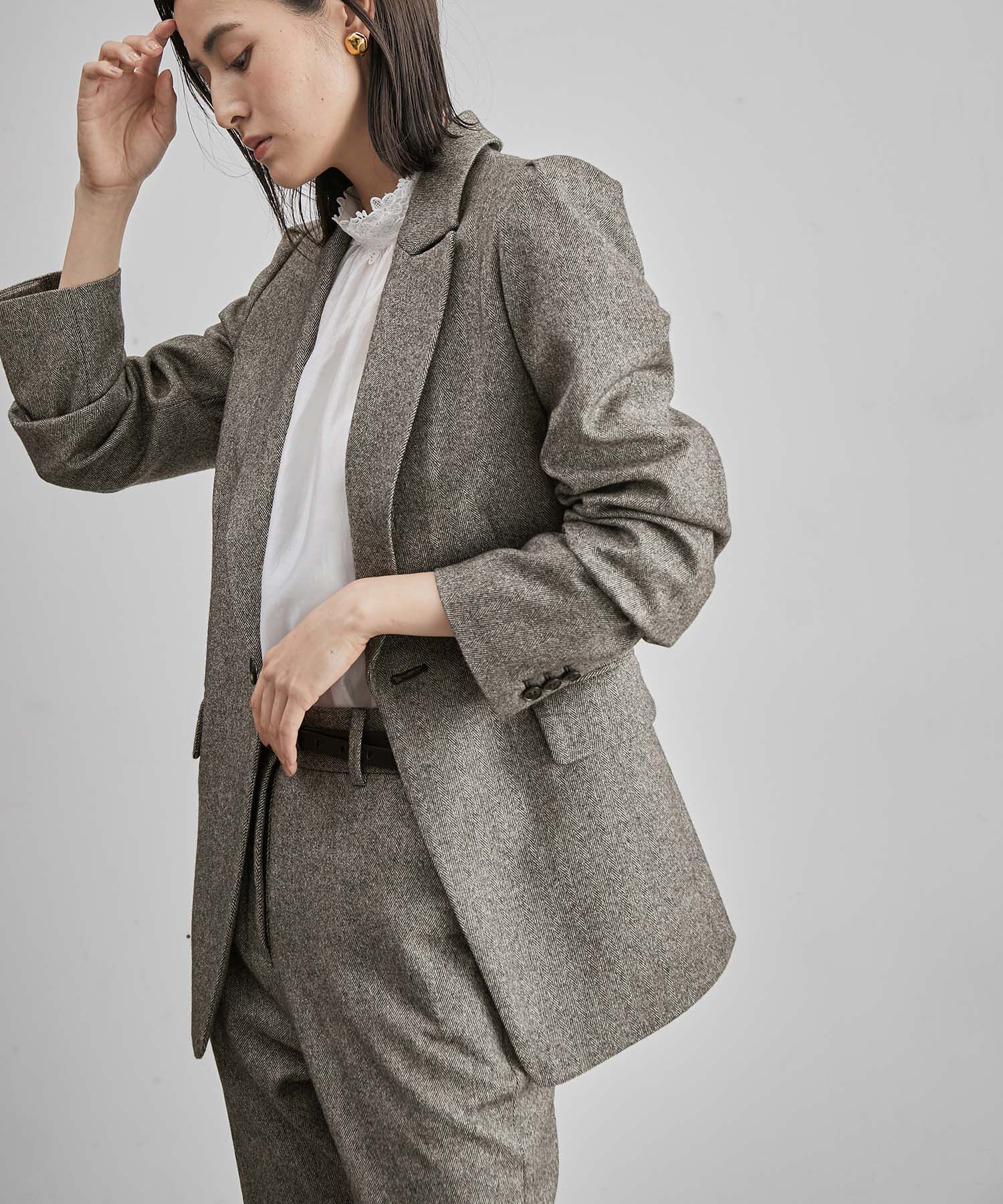 ROPE「【雑誌掲載】ヘリンボーンウエストシェイプジャケット/セットアップ対応」|テーラードジャケット|