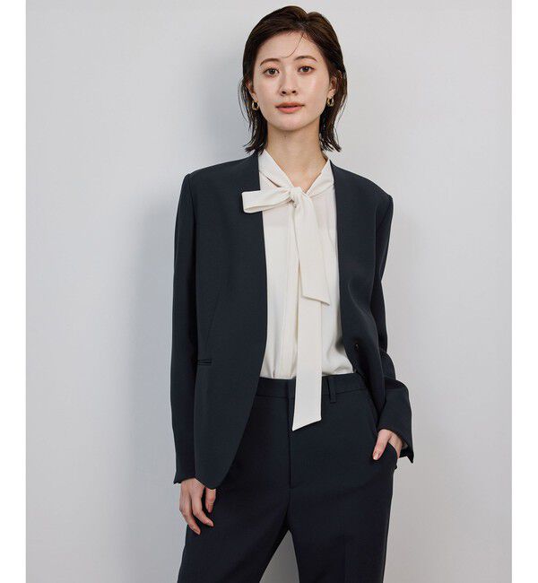 ROPE「トリアセダブルクロスＶネックジャケット/イージーケア」|ノーカラージャケット|ネイビー(40)