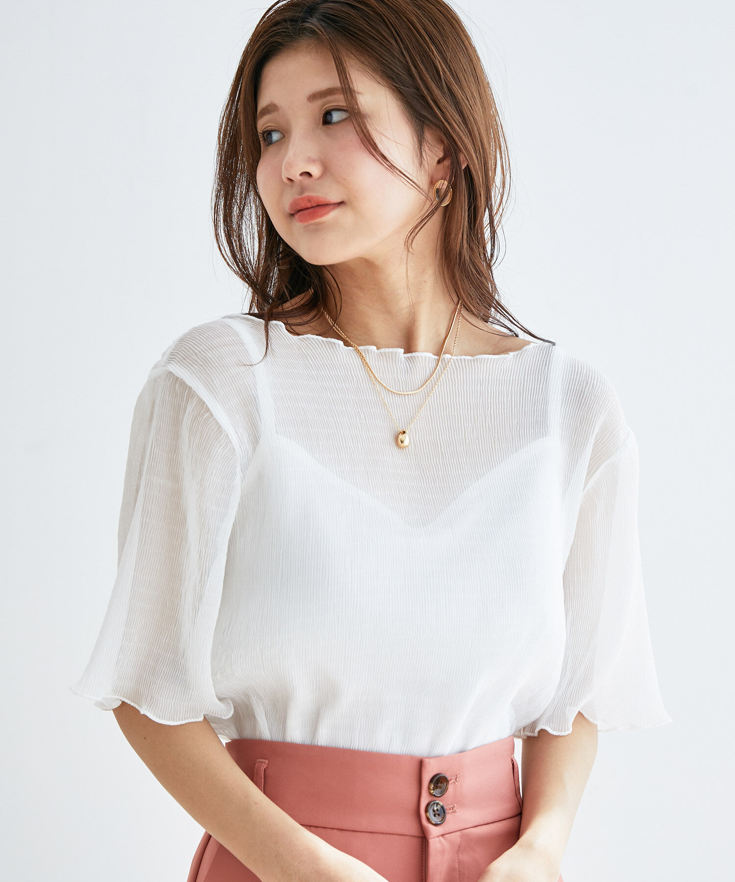 vis-a-vis「【WEB限定】インナーキャミ付きシアー楊柳プルオーバー」|シャツ・ブラウス|